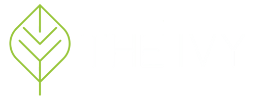 A logo with a green leaf and the words "THE IVY" in white.